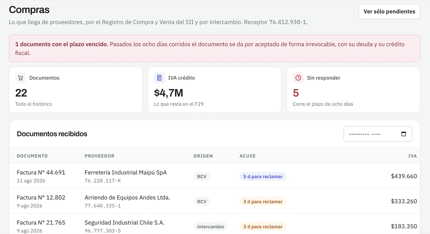 Documentos recibidos del RCV con el plazo para reclamar y el estado del acuse